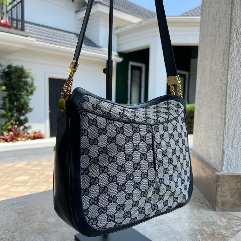 Gucci Black & Beige GG Canvas Shoulder Bag with Gold Hardware - Picture 2 of 16